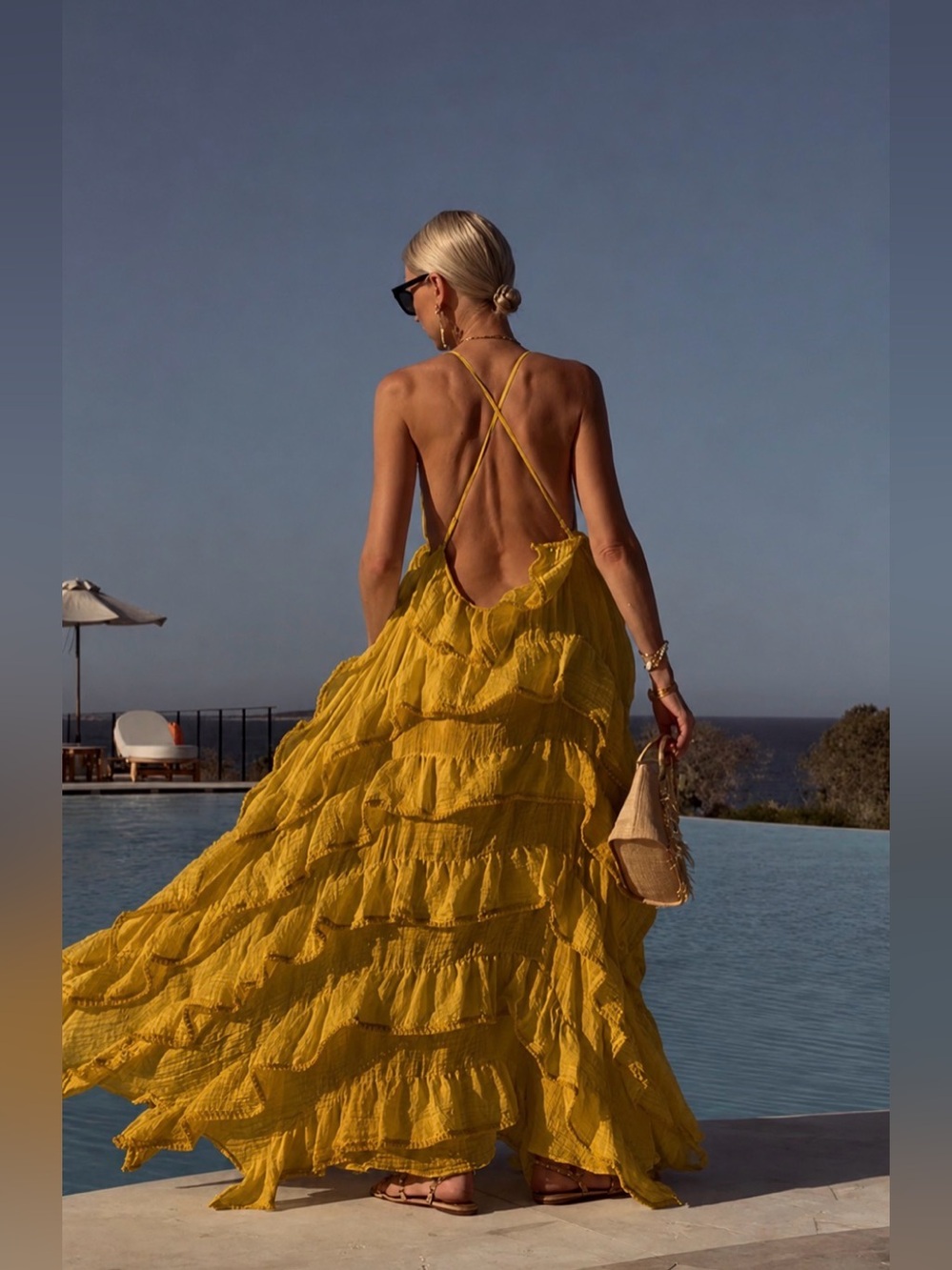 Lace the label Flowy Yellow Ruffle Backless Maxi Dress size S Preloved